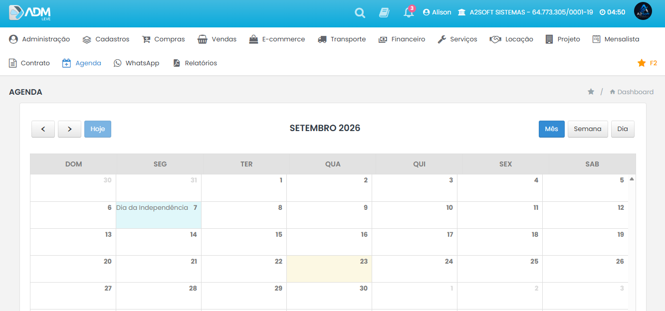 Calendário da agenda integrado à ordem de serviço