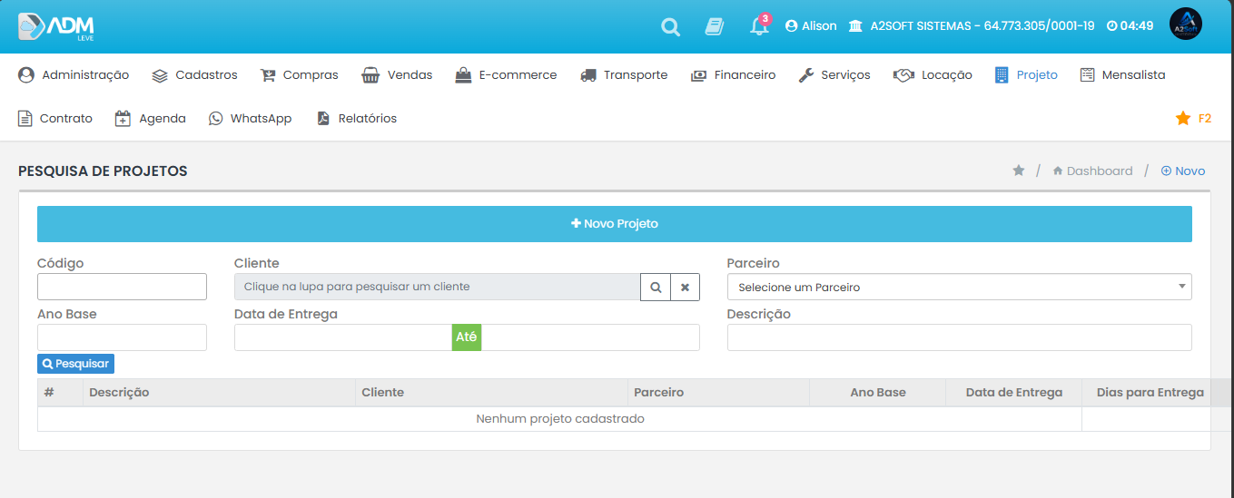 Tela de projetos com etapas, prazos e responsáveis